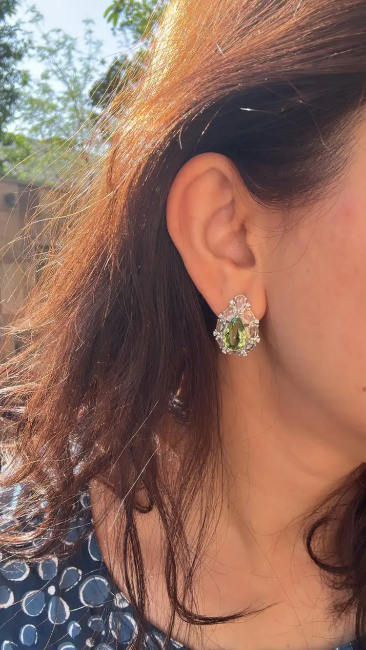 Natural Pear Shape Tourmaline & White Sapphire Stud Earrings - 18k White Gold Diamond Earrings