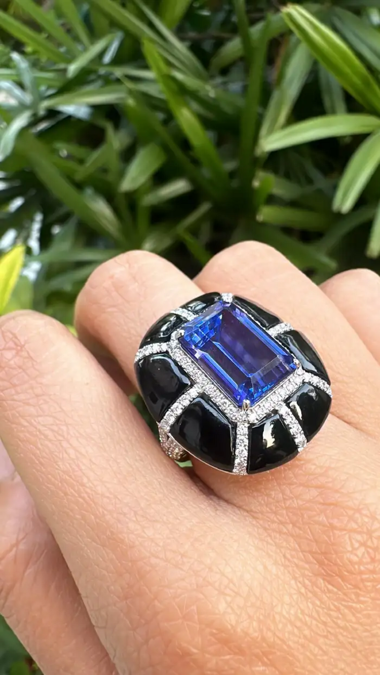 18k Gold Diamond Ring - Natural 7.33 Ct. Tanzanite & Black Onyx Ring - Handmade White Gold Ring