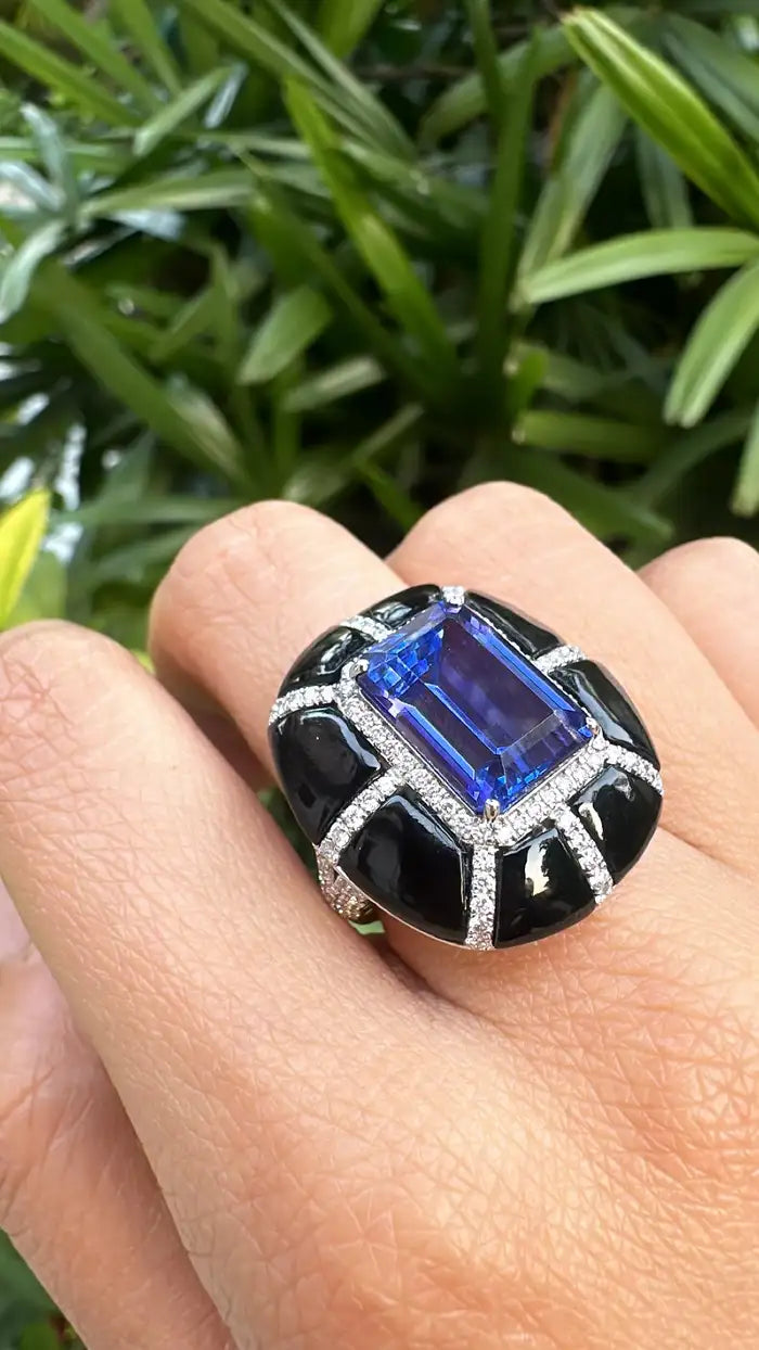 18k Gold Diamond Ring - Natural 7.33 Ct. Tanzanite & Black Onyx Ring - Handmade White Gold Ring