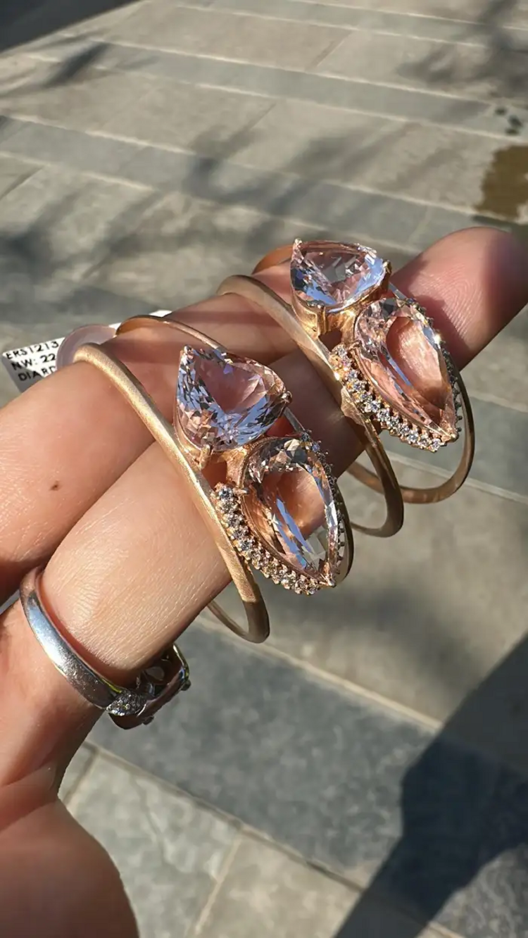 18k Yellow Matte Gold Hoop Earrings - Natural Morganite & Diamond Earrings