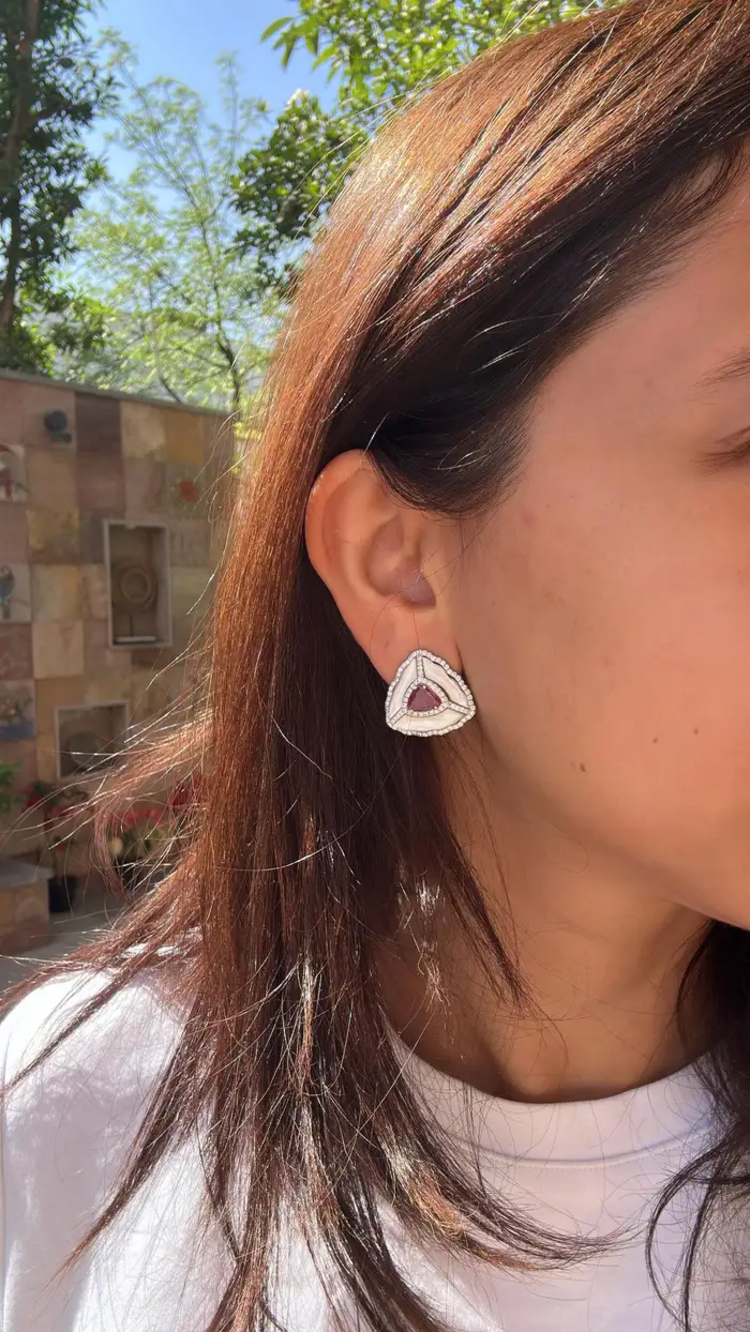 18k White Gold Handmade Diamond Stud Earrings - Natural Zambian Emerald, Mozambique Ruby & Pearl Stud Earrings