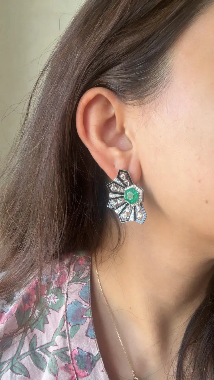 18k White Gold Handmade Stud Earrings - Natural Zambian Emerald & Diamond Women Earrings