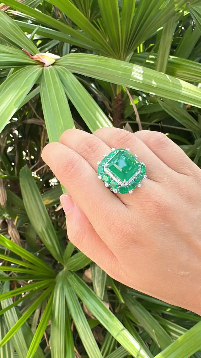Natural Zambian Emerald & Diamond Wedding Anniversary Ring - 18k White Gold Handmade Women Ring