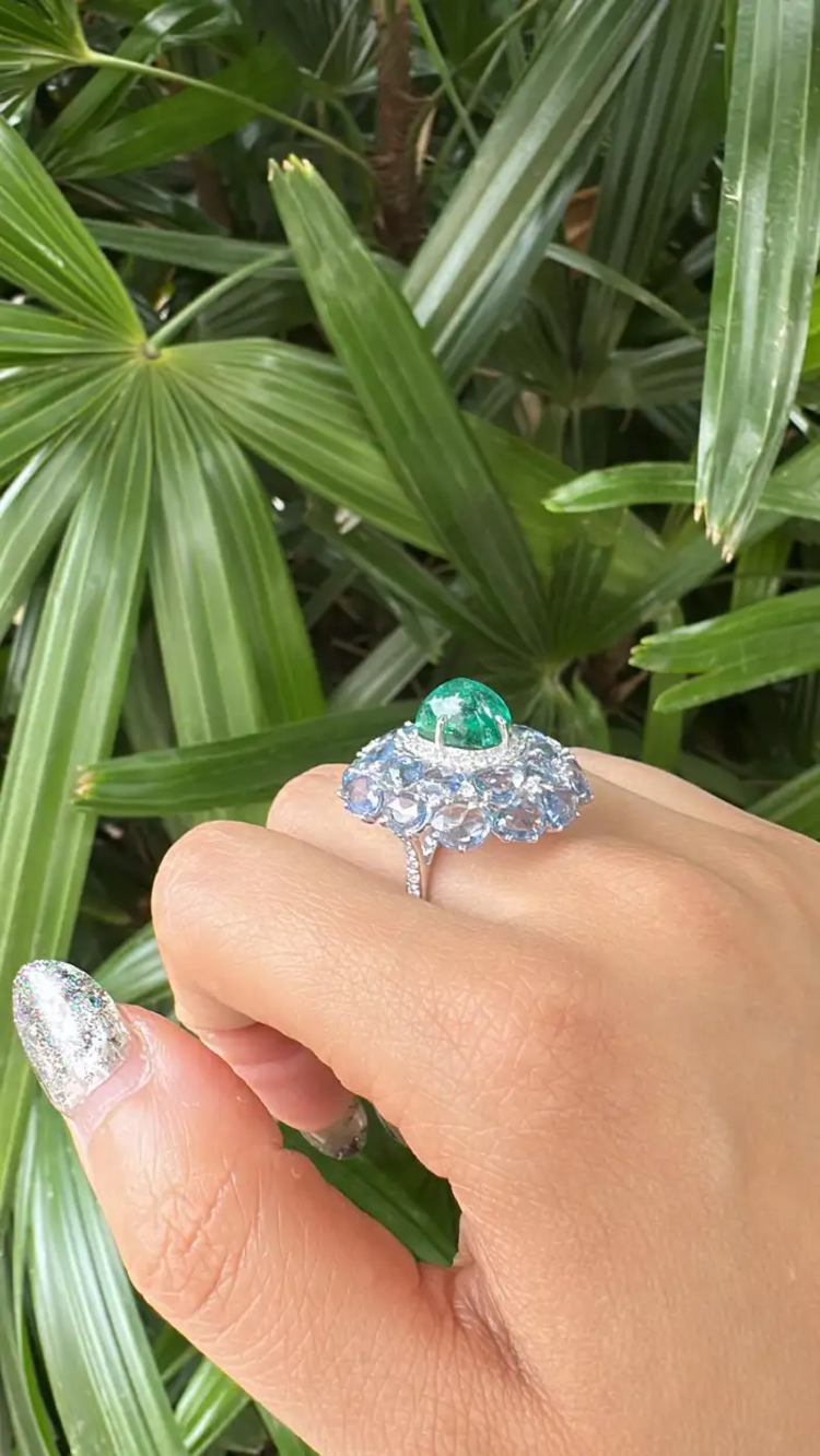 18k White Gold Diamond Statement Ring - Natural Zambian Emerald & Blue Sapphire Cocktail Ring
