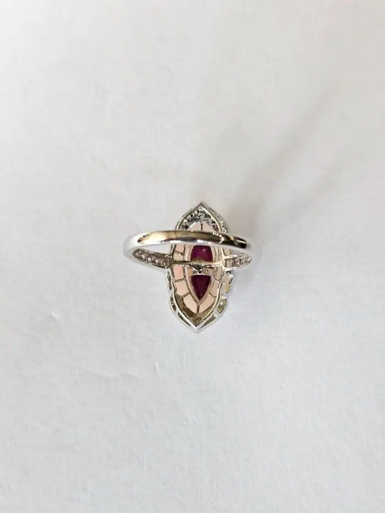 Natural Rubellite & Pink Opal Wedding Ring - 18k White Gold Handmade Diamond Ring