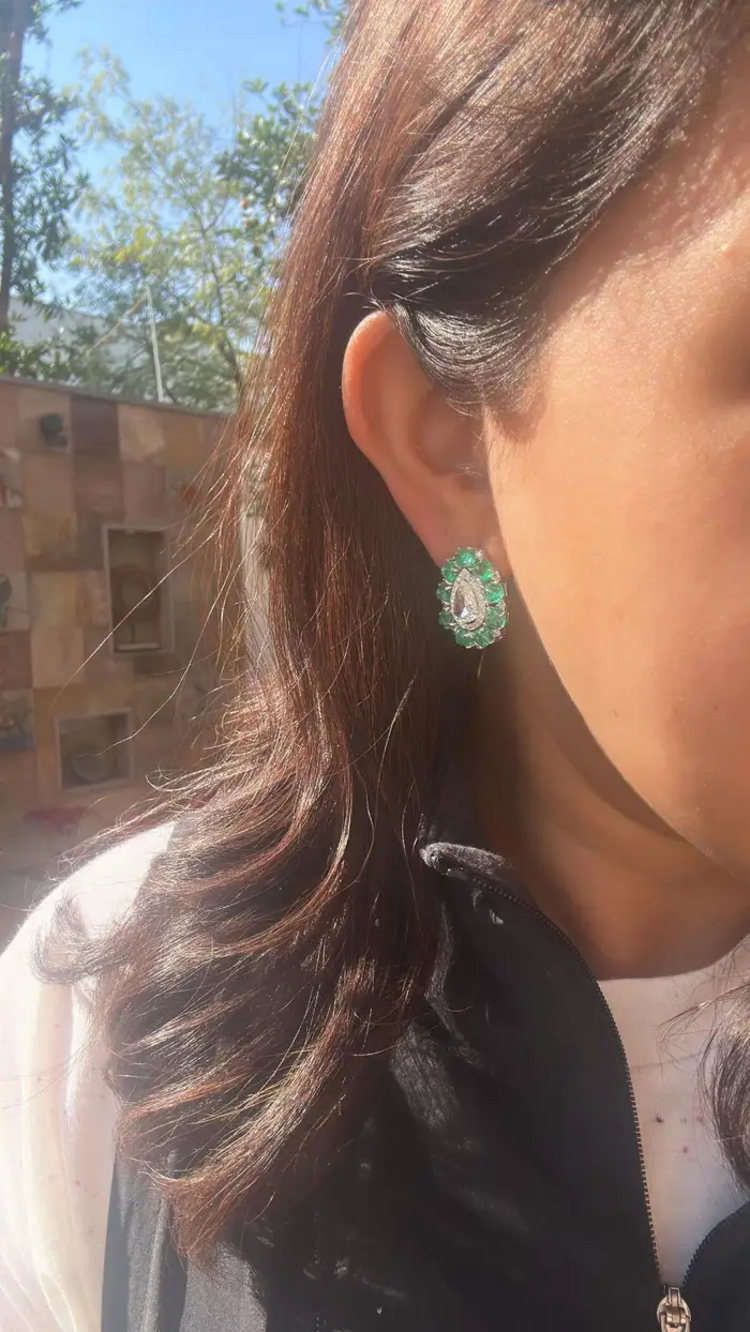 Colombian Emerald Sugarloaf & Rose Cut Diamond Stud Earrings - 18k White Gold Handmade Tiny Earrings