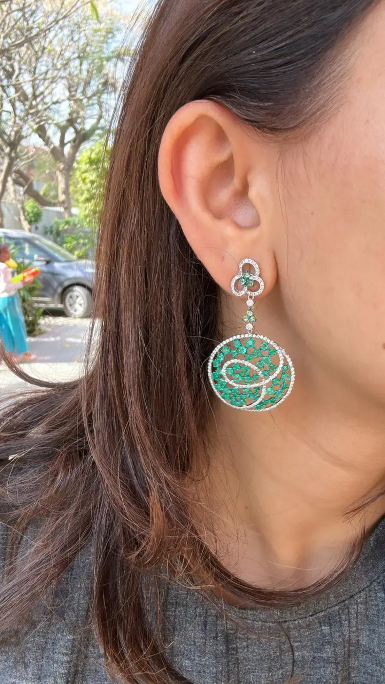 Natural Colombian Emerald Dangle Earrings - 18k White Gold Diamond Chandelier Earrings