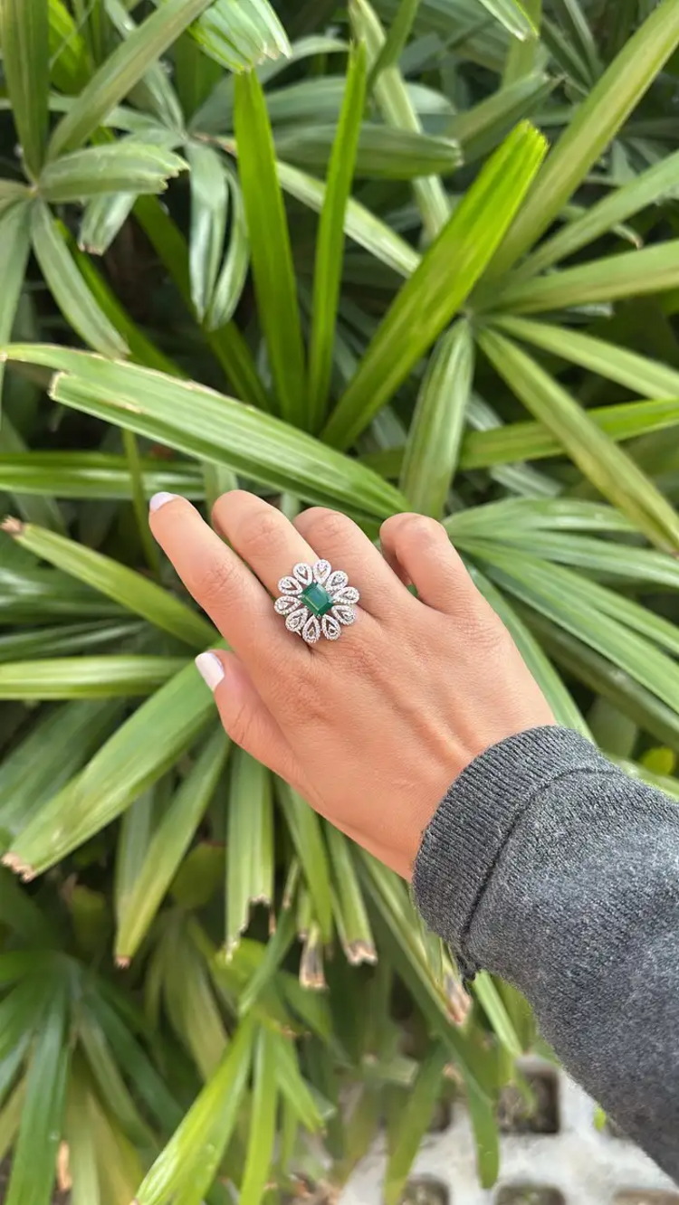 Solid 18k White Gold Diamond Floral Wedding Ring - Natural Zambian Emerald Statement Ring
