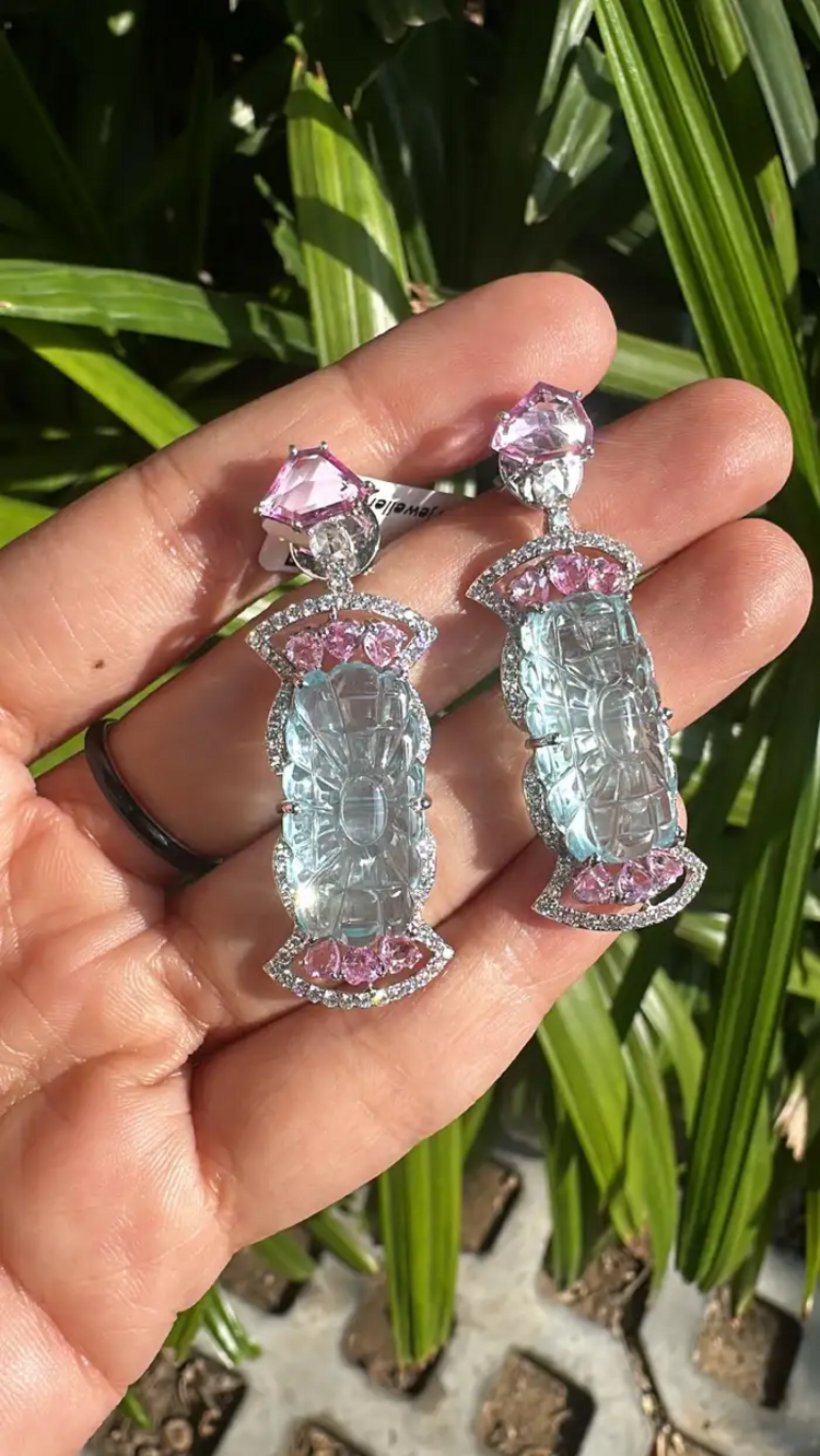 White Gold 18k Earrings - Natural Pink Sapphire & Carved Aquamarine Gemstone Dangle Earrings - Gold Diamond Women Valentine Jewelry
