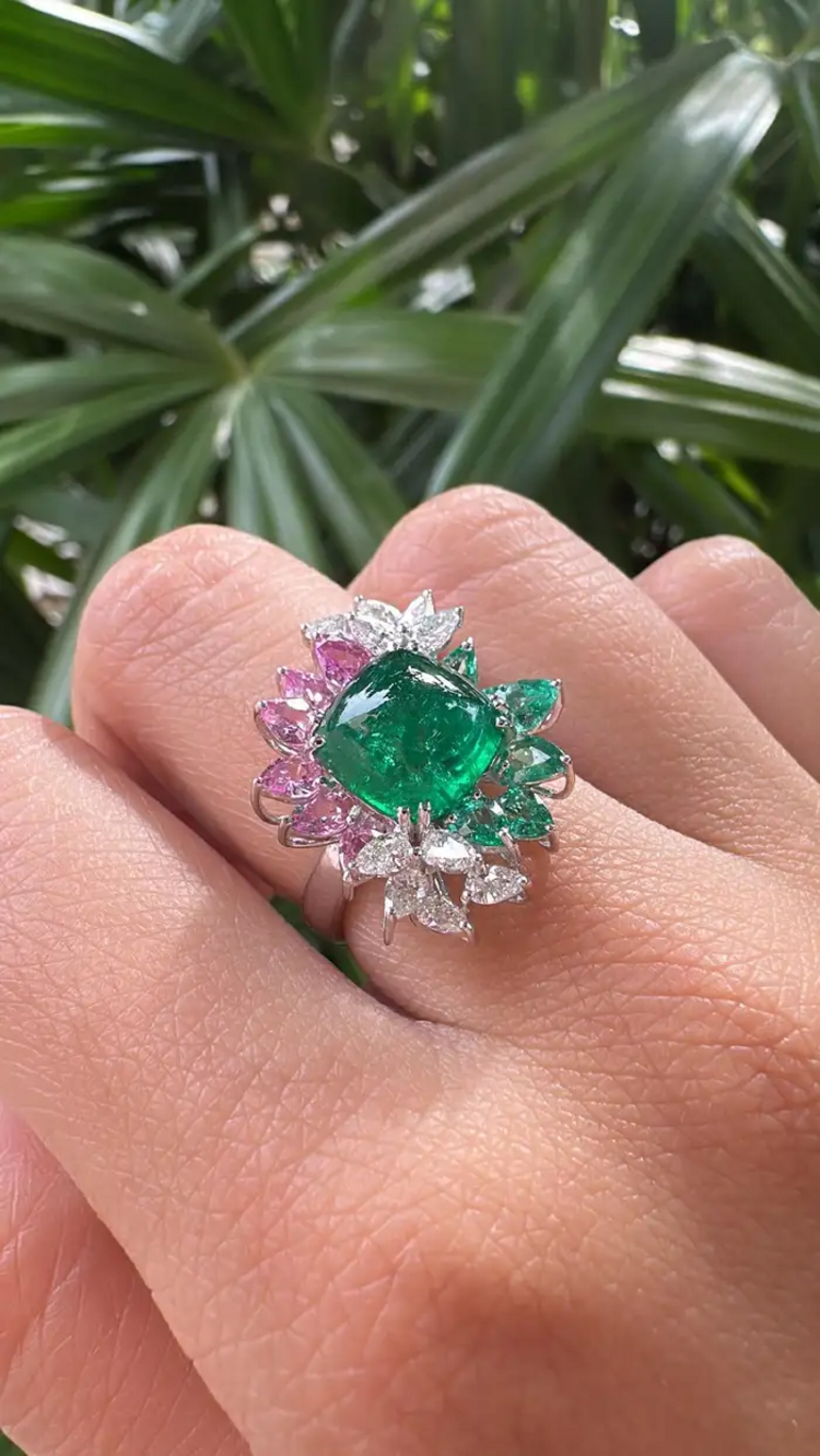 18k White Gold Diamond Cocktail Ring - Natural Zambian Emerald & Pink Sapphire Wedding Ring