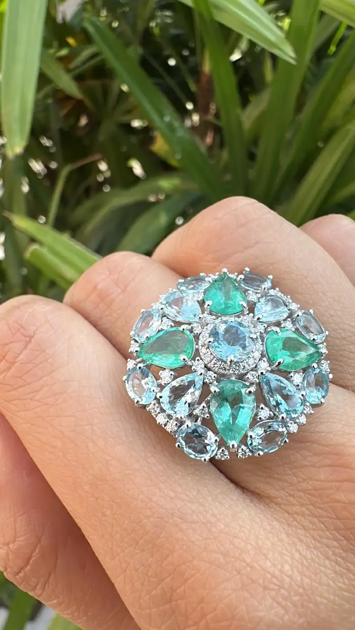 Colombian Emerald & Aquamarine Gemstone Statement Ring - 18k White Gold Diamond Cocktail Ring
