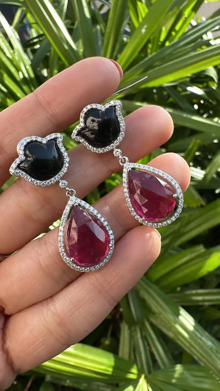 Natural Pear Shape Tourmaline & Black Onyx Gemstone Dangle Earrings - 18k White Gold Diamond Handmade Earrings