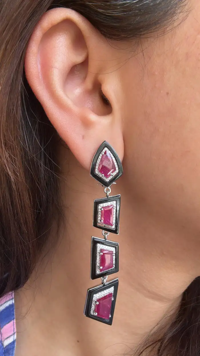 18k White Gold Diamond Dangle Women Earrings - Natural Mozambique Ruby & Black Onyx Statement Earrings