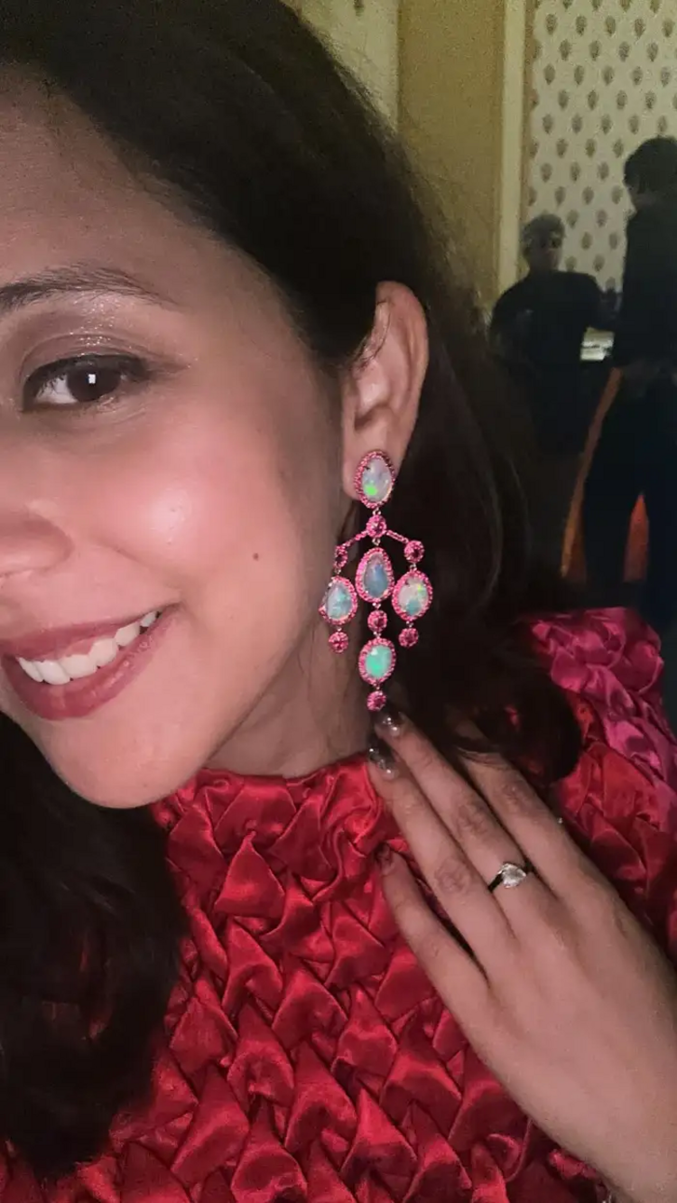 Ethiopian Opal & Mozambique Ruby Chandelier Earrings - 18k Gold Diamond Dangle Earrings