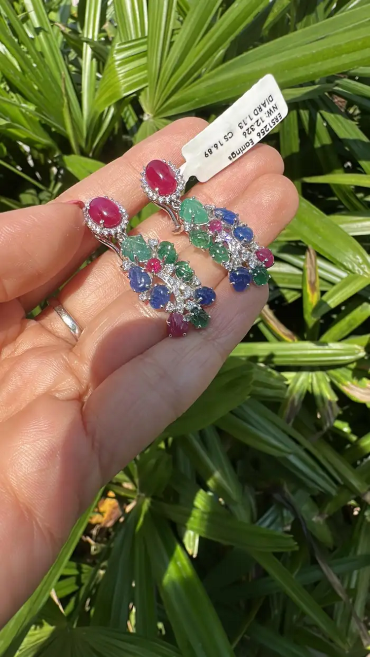 18k White Gold Diamond Dangle Earrings - Natural Ruby, Carved Emerald & Blue Sapphire Earrings