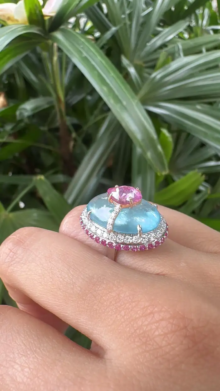 Natural Aquamarine & Pink Sapphire Cocktail Ring - 18k White Gold Diamond Handmade Ring