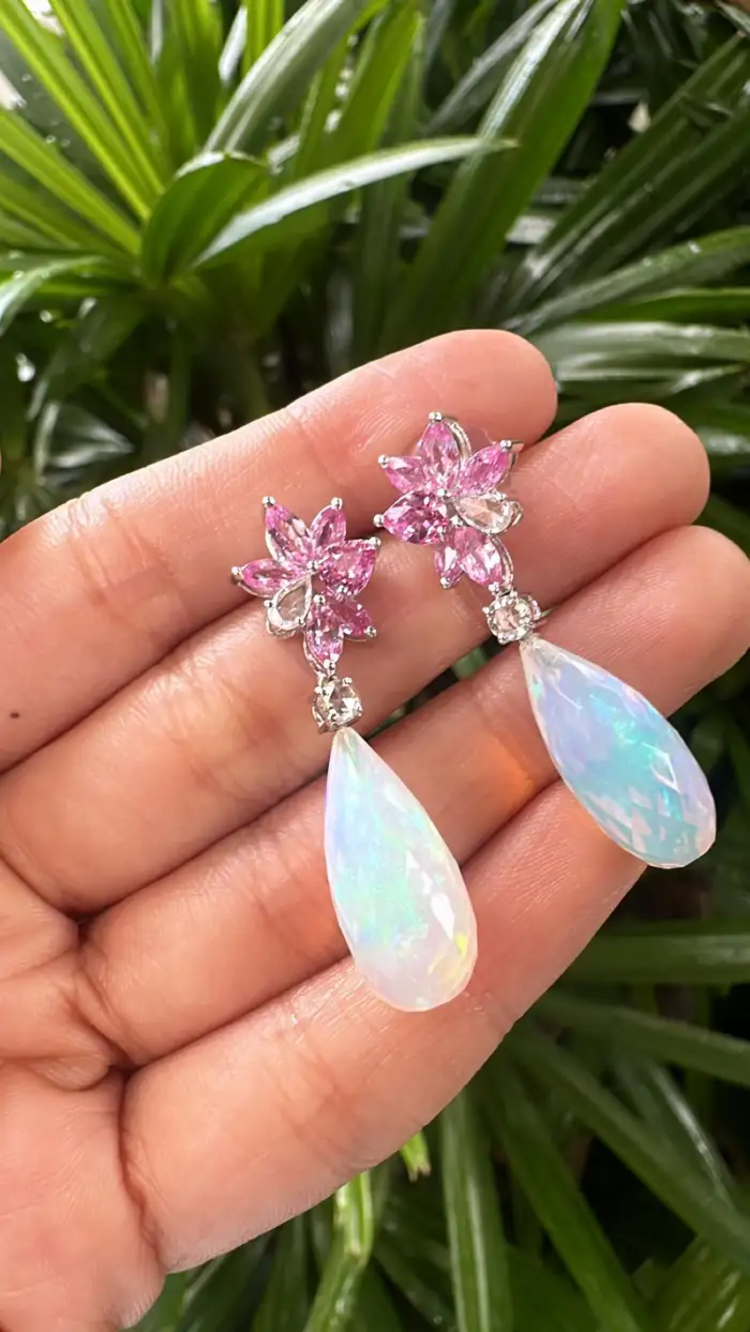 Natural Ethiopian Opal & Diamond Dangle Earrings - 18k White Gold Pink Sapphire Women Jewelry