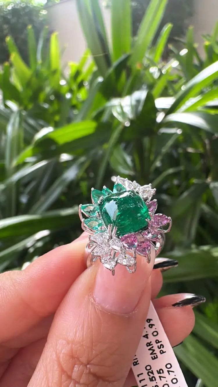 18k White Gold Diamond Cocktail Ring - Natural Zambian Emerald & Pink Sapphire Wedding Ring
