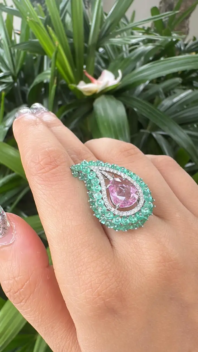 Natural Emerald & Pink Sapphire Statement Ring - 18k White Gold Diamond Handmade Ring