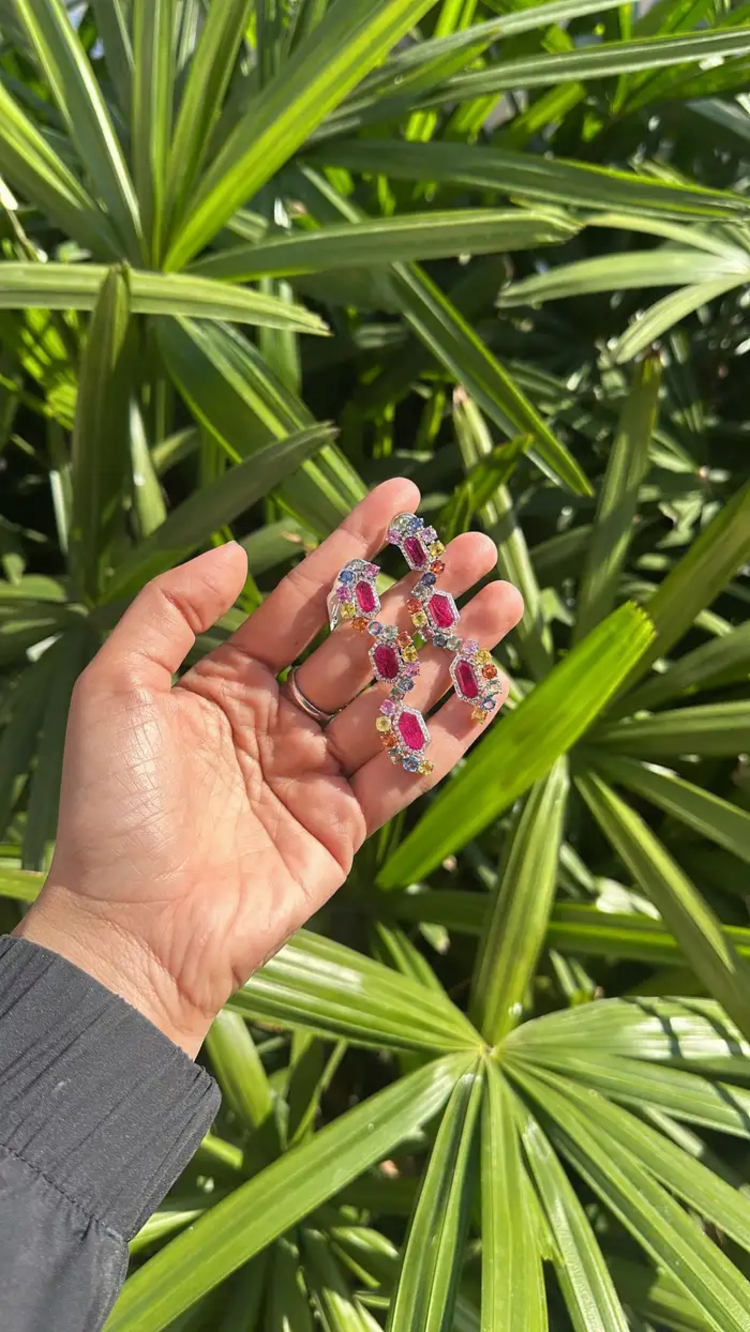 Natural Mozambique Ruby & Multi Sapphire Dangle Earrings - 18k White Gold Diamond Earrings