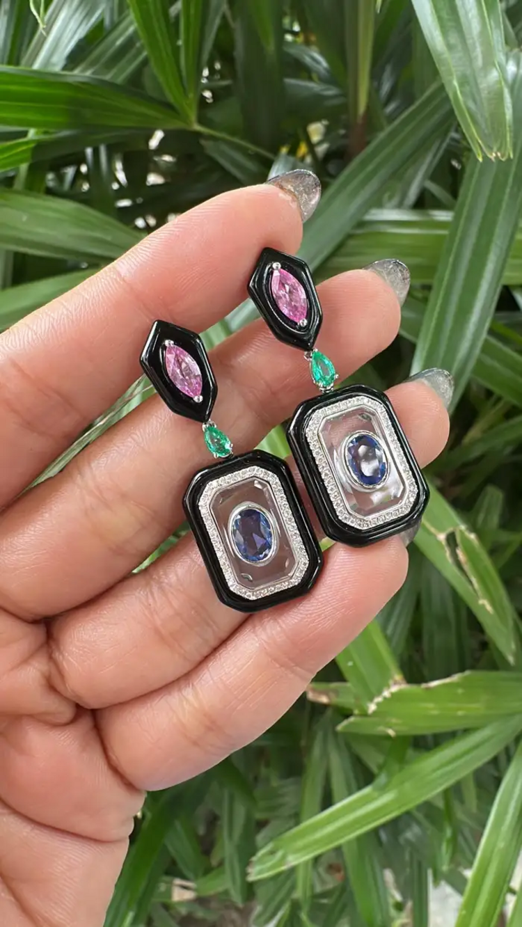 18k White Gold Diamond Dangle Earrings - Natural Emerald, Sapphire, Black Onyx & Crystal Earrings