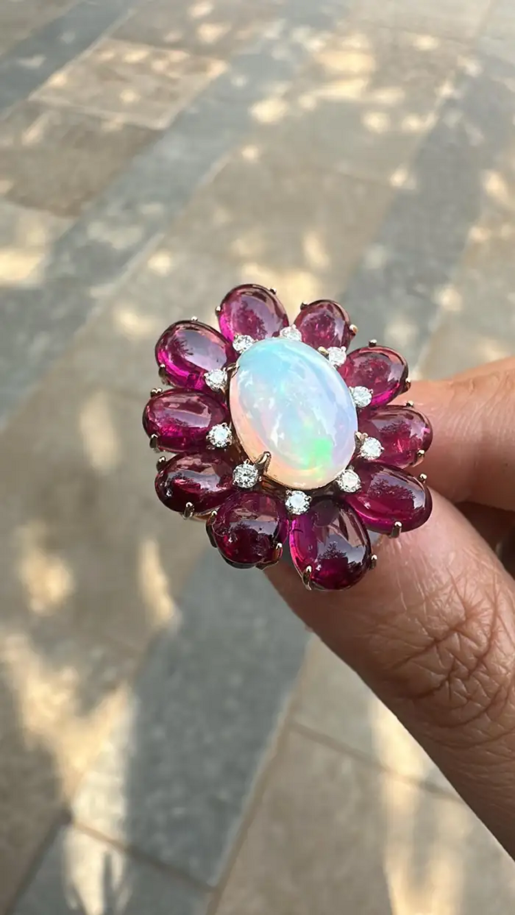Natural Ethiopian Opal & Tourmaline Cocktail Ring - 18k White Gold Diamond Ring