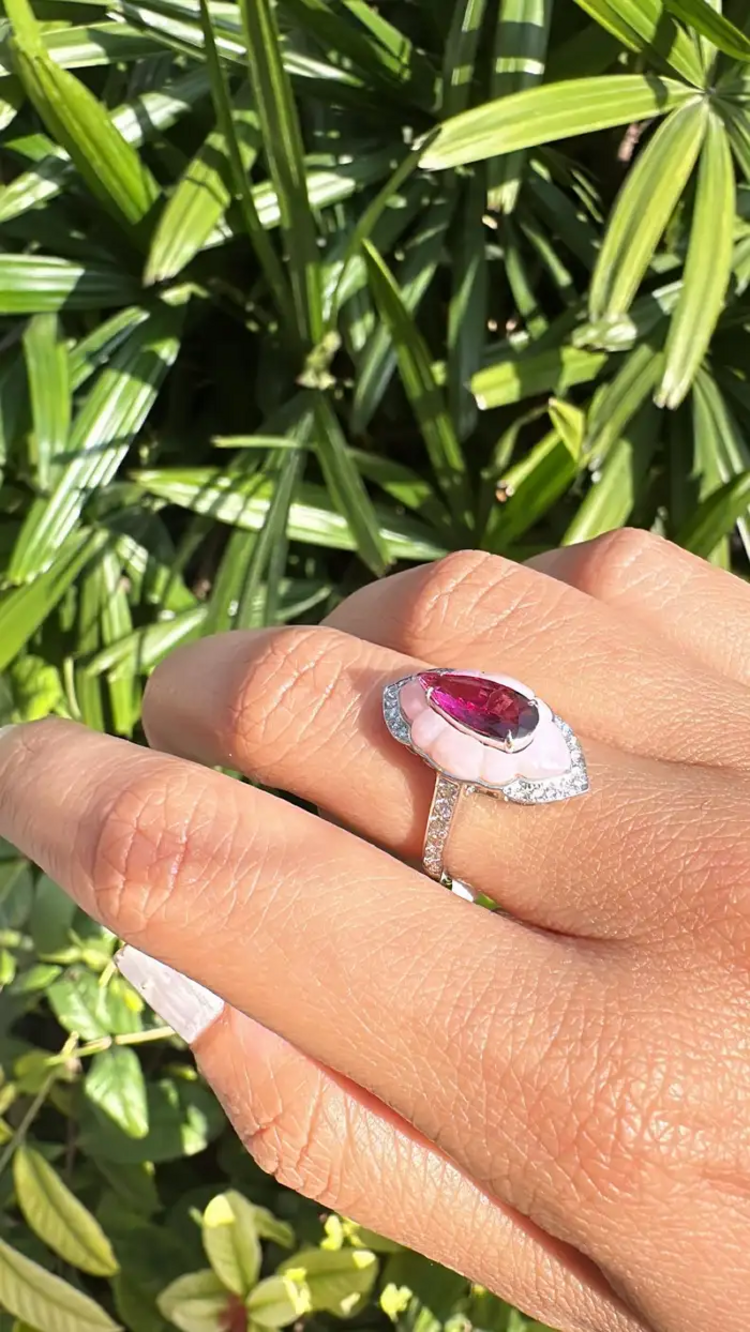 Natural Rubellite & Pink Opal Wedding Ring - 18k White Gold Handmade Diamond Ring