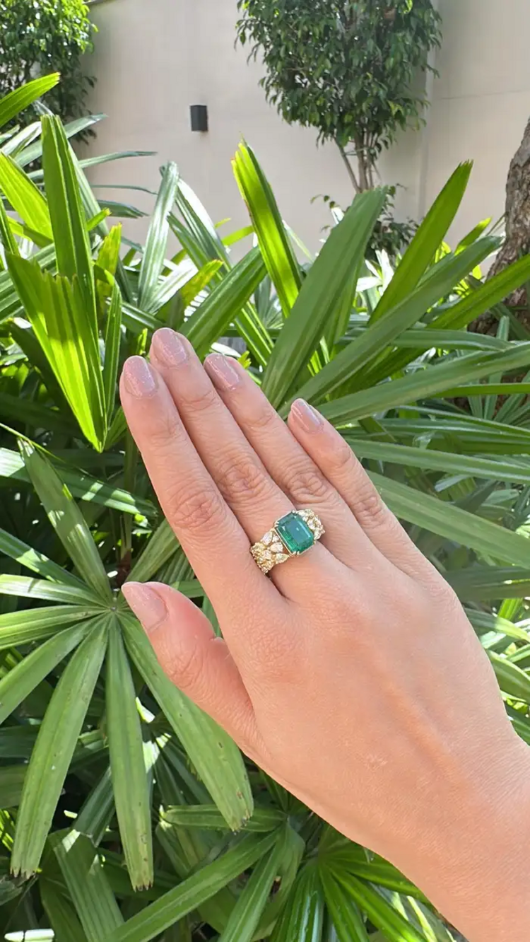 Natural Zambian Emerald Statement Ring - 18k Yellow Gold & Yellow Diamonds Wedding Ring