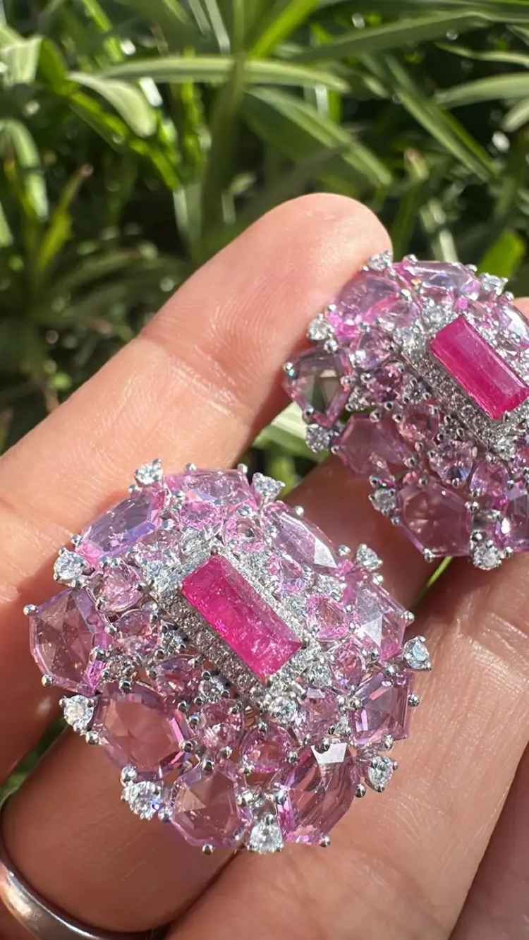 Natural Mozambique Ruby & Ceylon Pink Sapphire Stud Earrings - 18k White Gold Diamond Earrings