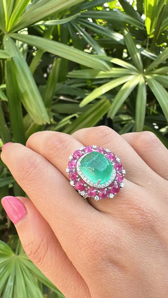 18k White Gold Diamond Cocktail Ring - Natural Colombian Emerald & Ruby Statement Ring