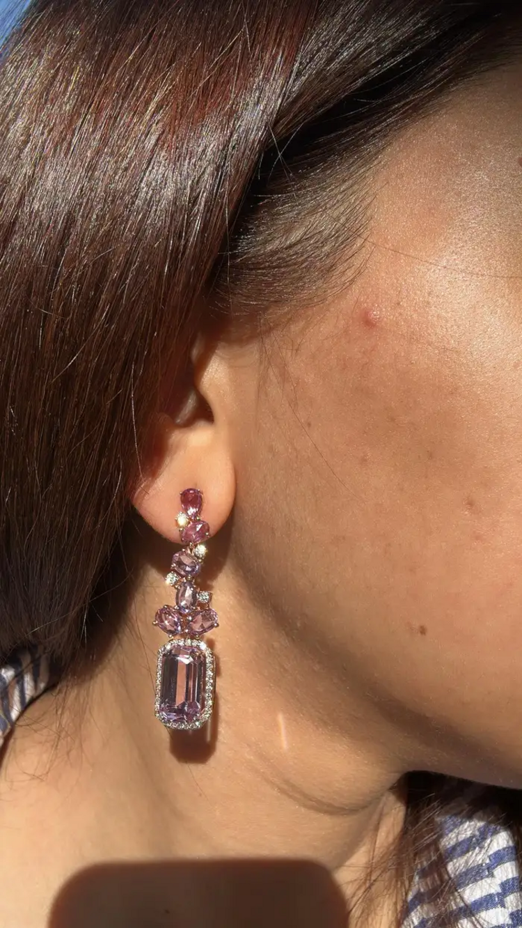 18k Rose Gold Kunzaite Gemstone Dangle Earrings - Natural Diamond & Pink Sapphire Wedding Earrings
