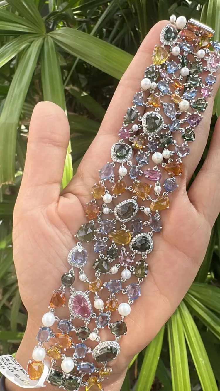 Natural Multi Sapphire & Pearls Link Bracelet - 18k White Gold Diamond Bracelet