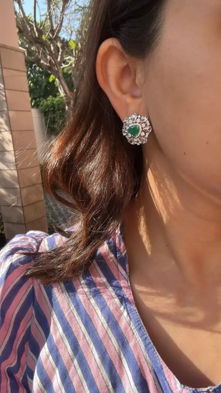 Natural Heart Shape Zambian Emerald Stud Earrings - 18k White Gold Rose Cut Diamond Tiny Earrings