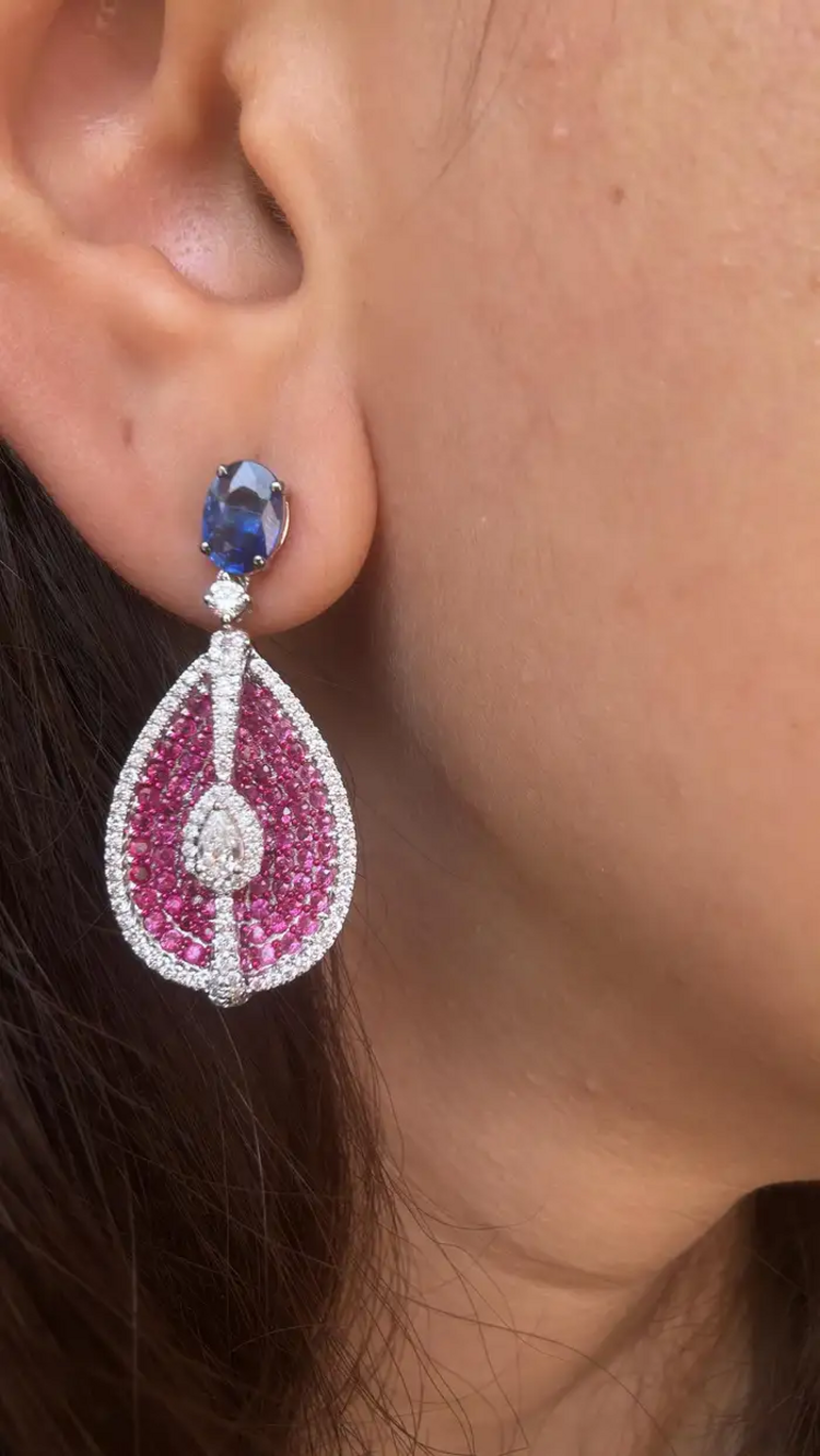 Ceylon Pink & Blue Sapphire Dangle Earrings - 18k White Gold & Rose Cut Diamond Women Earrings