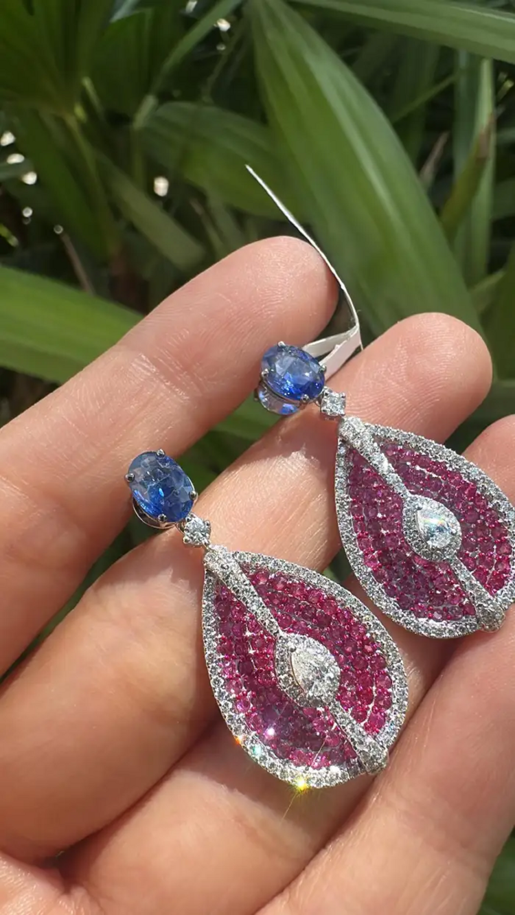 Ceylon Pink & Blue Sapphire Dangle Earrings - 18k White Gold & Rose Cut Diamond Women Earrings