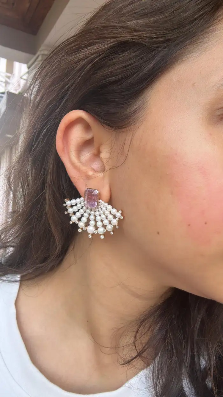 18k Rose Gold Handmade Diamond Stud Earrings - Natural Kunzite & Freshwater Pearls Designer Stud Earrings