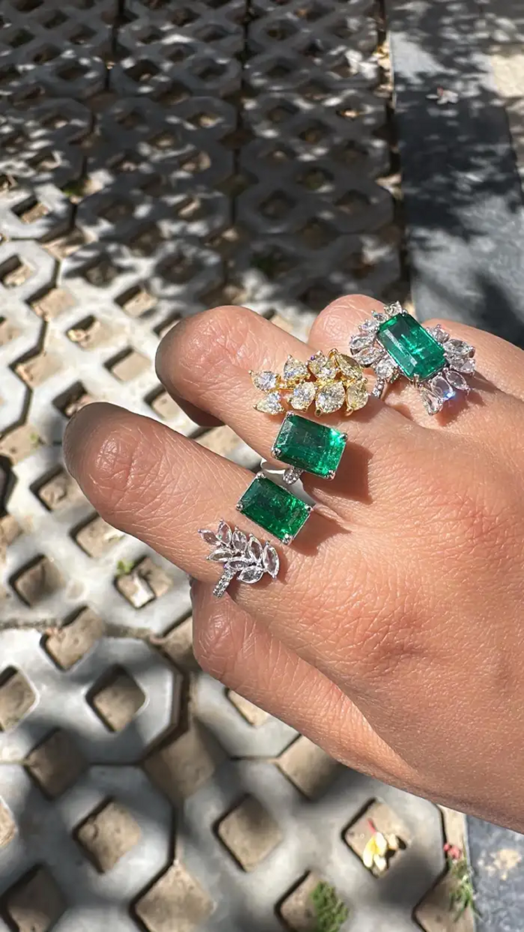Natural Zambian Emerald Cuff Ring - 18k White Gold Rose Cut Diamond Wedding Ring