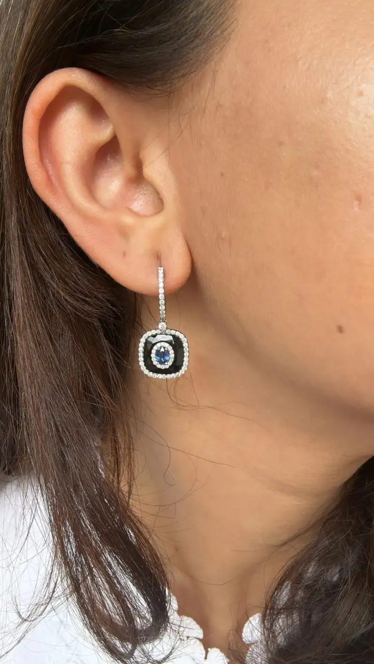Natural Blue Sapphire & Black Onyx Earrings - 18k White Gold Diamond Earrings