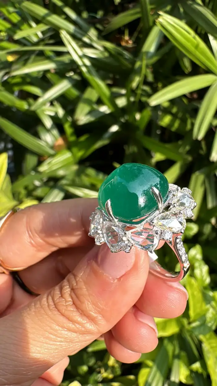 17.79 carats, natural Zambian Emerald Sugarloaf & Rose Cut Diamond Cocktail Ring