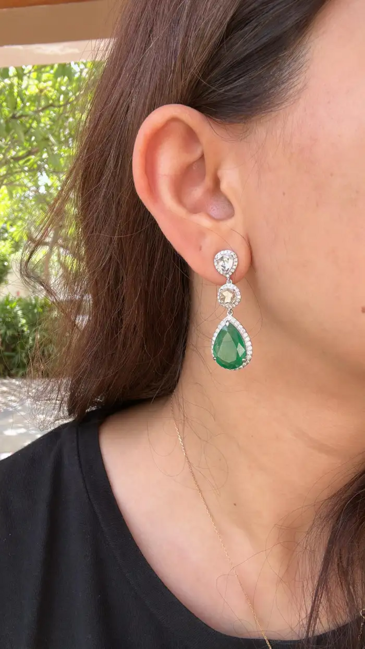 12.36 Ct. Natural Zambian Emerald Dangle Gold Earrings - 18k White Gold & Rose Cut Diamond Earrings