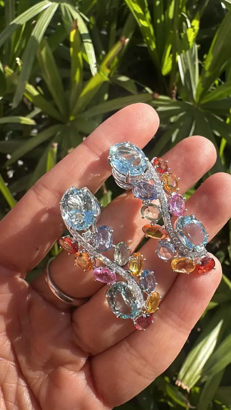18k White Gold Multi Sapphire Chandelier Earring - Natural Aquamarine & Diamond Earrings