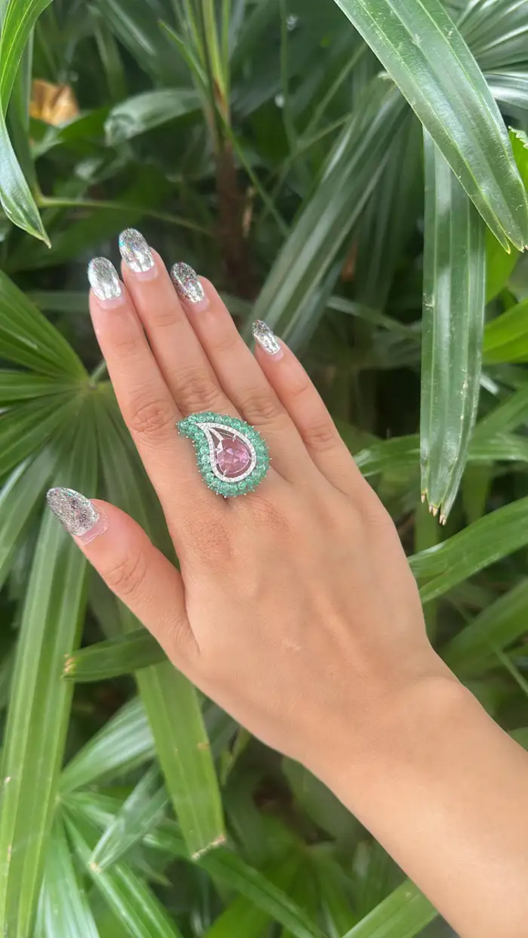 Natural Emerald & Pink Sapphire Statement Ring - 18k White Gold Diamond Handmade Ring