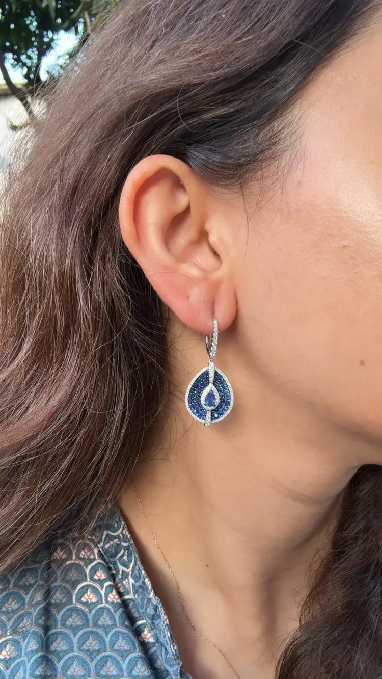 Natural Blue Sapphire & Diamond Earrings - 18k White Gold Handmade Dangle Earrings