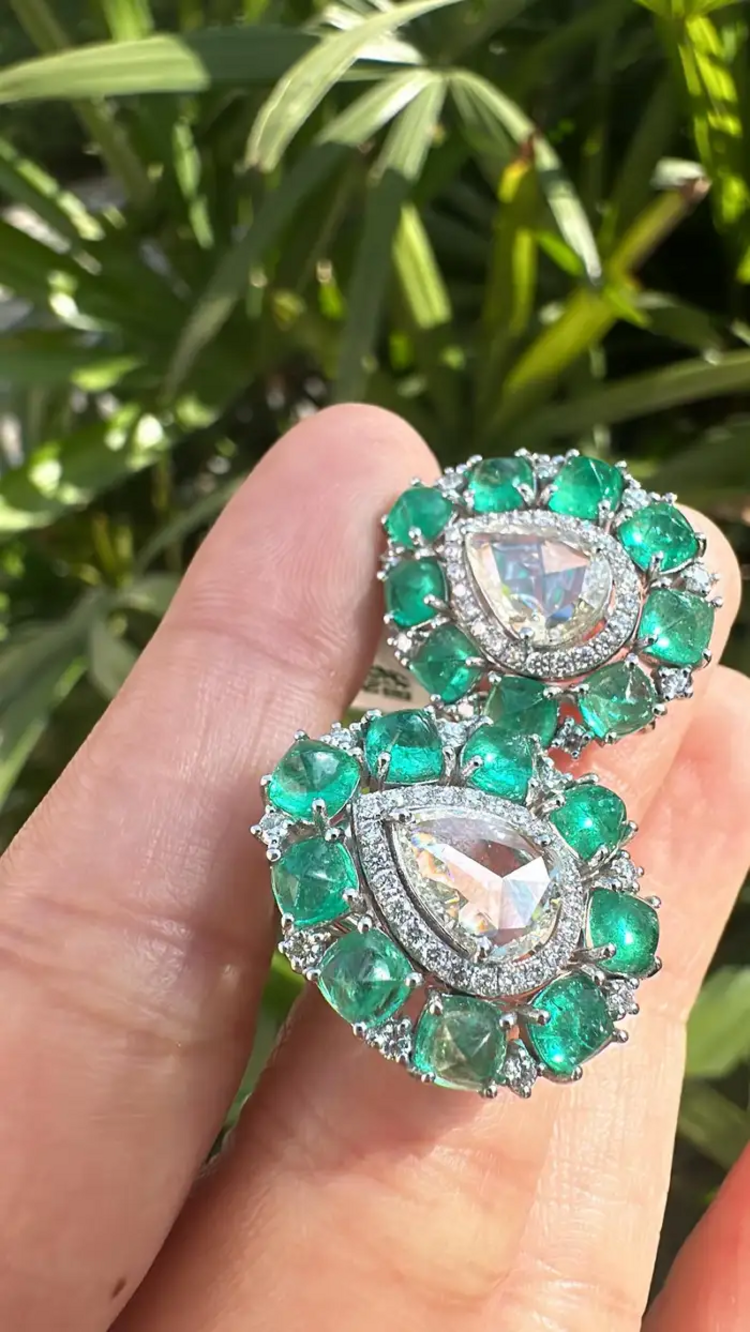 Colombian Emerald Sugarloaf & Rose Cut Diamond Stud Earrings - 18k White Gold Handmade Tiny Earrings