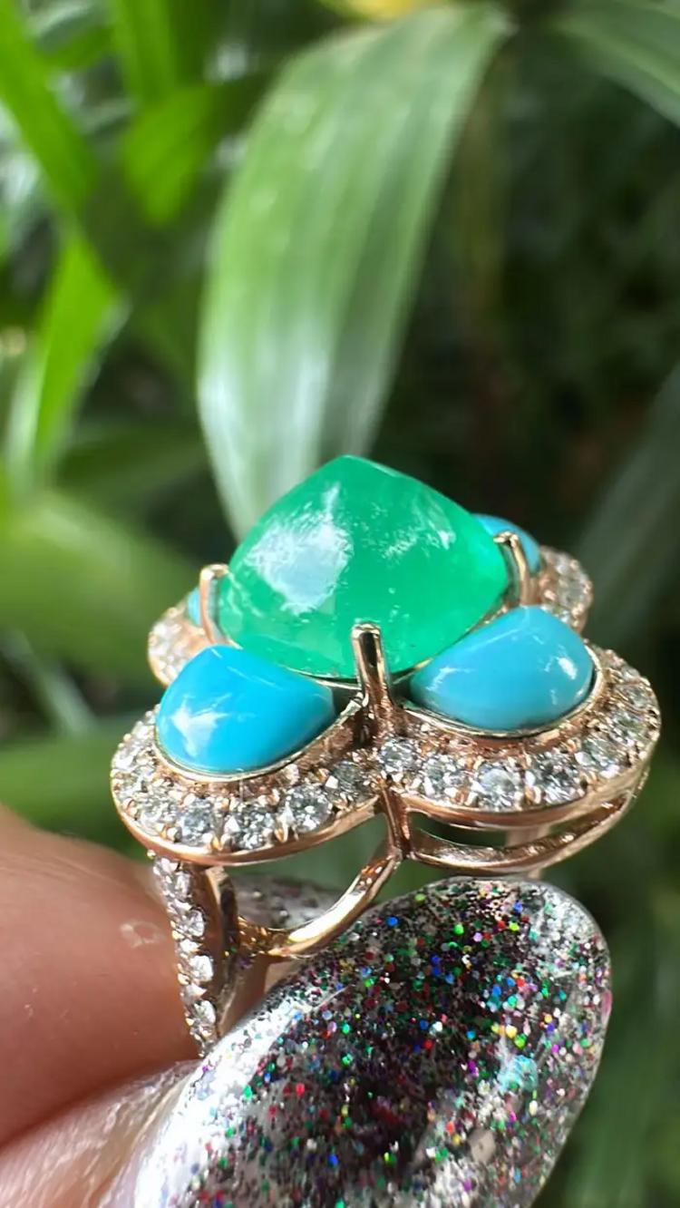 18k Rose Gold Diamond Handmade Ring With Natural Zambian Emerald & Turquoise