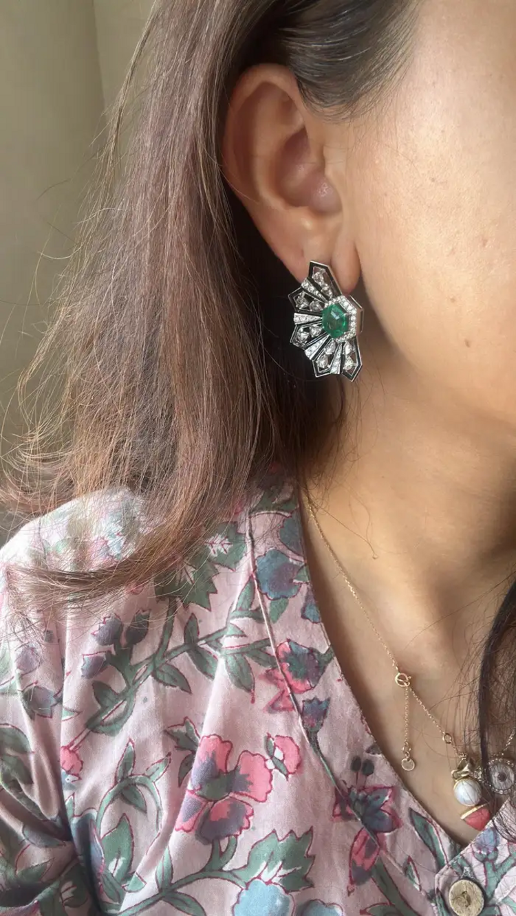 18k White Gold Handmade Stud Earrings - Natural Zambian Emerald & Diamond Women Earrings