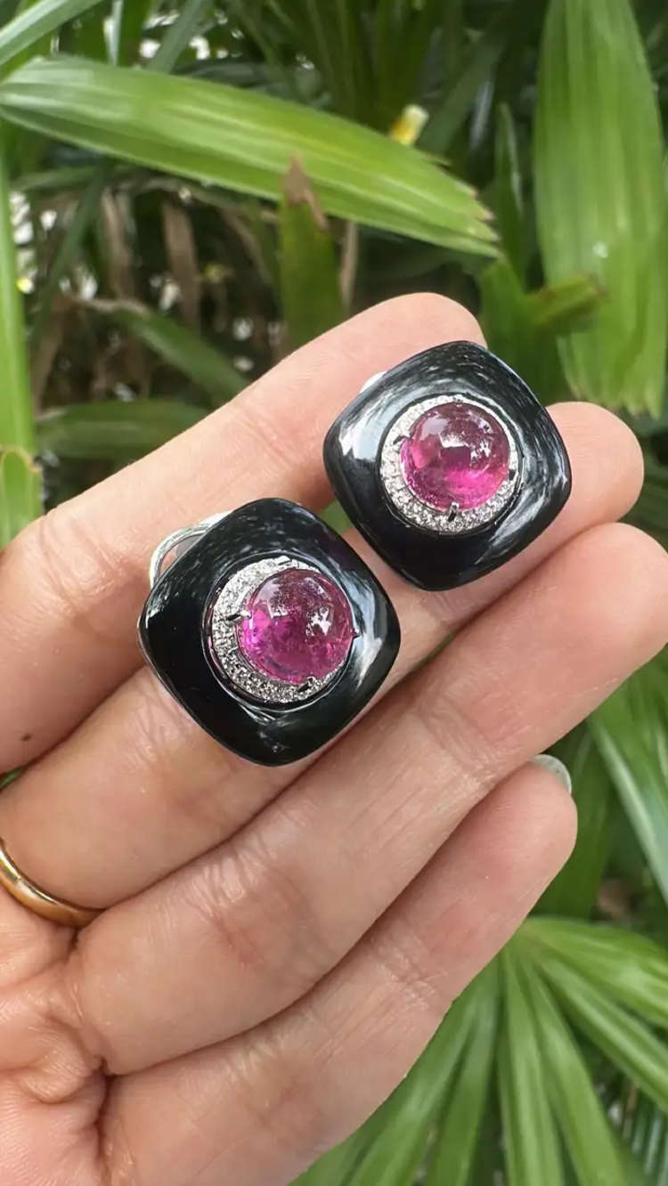18k White Gold Diamond Stud Earrings - Natural Rubellite & Black Onyx Daily Wear Earrings