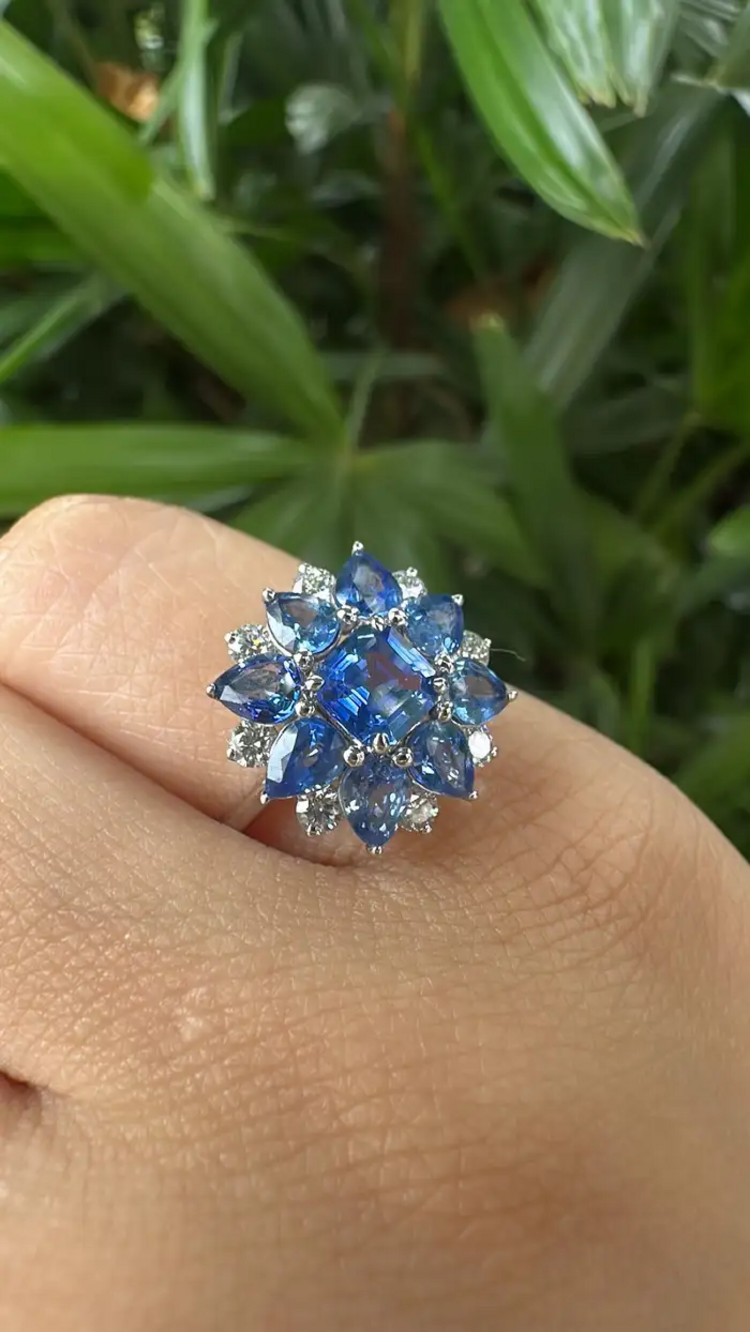 Natural Blue Sapphire Diamond Cocktail Ring - 18k White Gold Handmade Ring