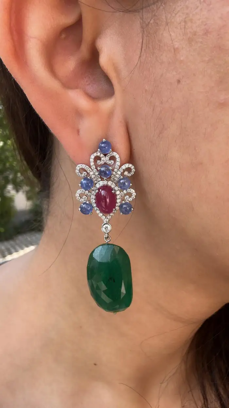 18k White Gold Diamond Dangle Earrings - Natural Blue Sapphire, Mozambique Ruby & Zambian Emerald Tumble Earrings