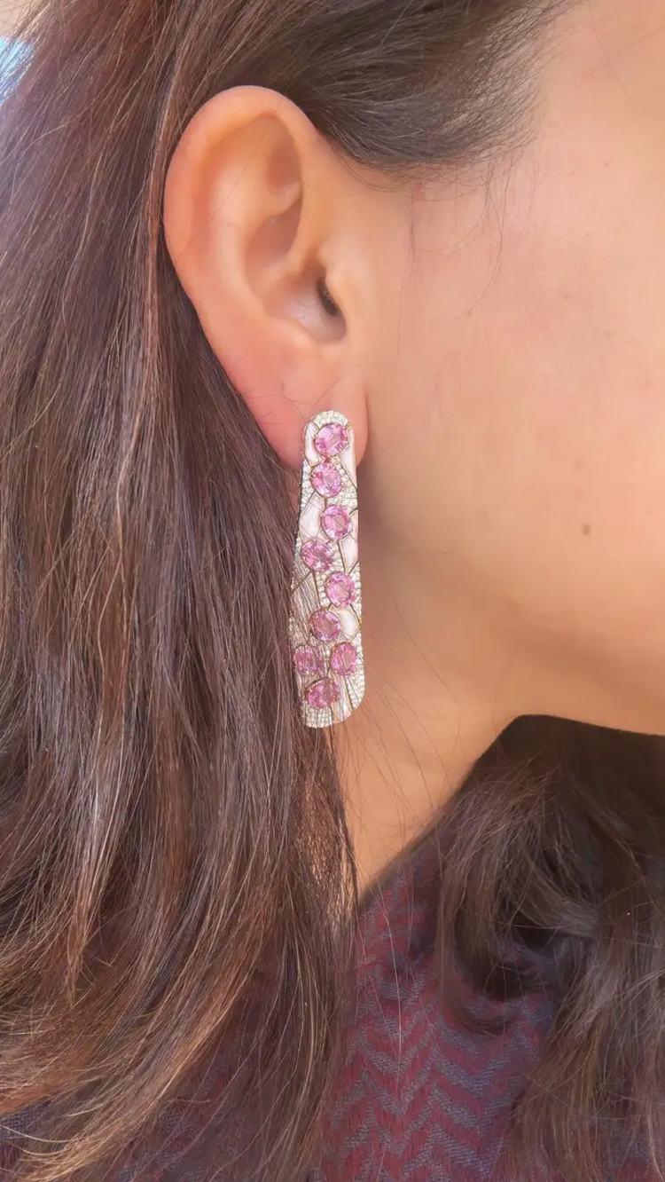 18k Rose Gold Diamond Dangle Earrings - Natural Ceylon Pink Sapphire & White Enamel Women Earrings